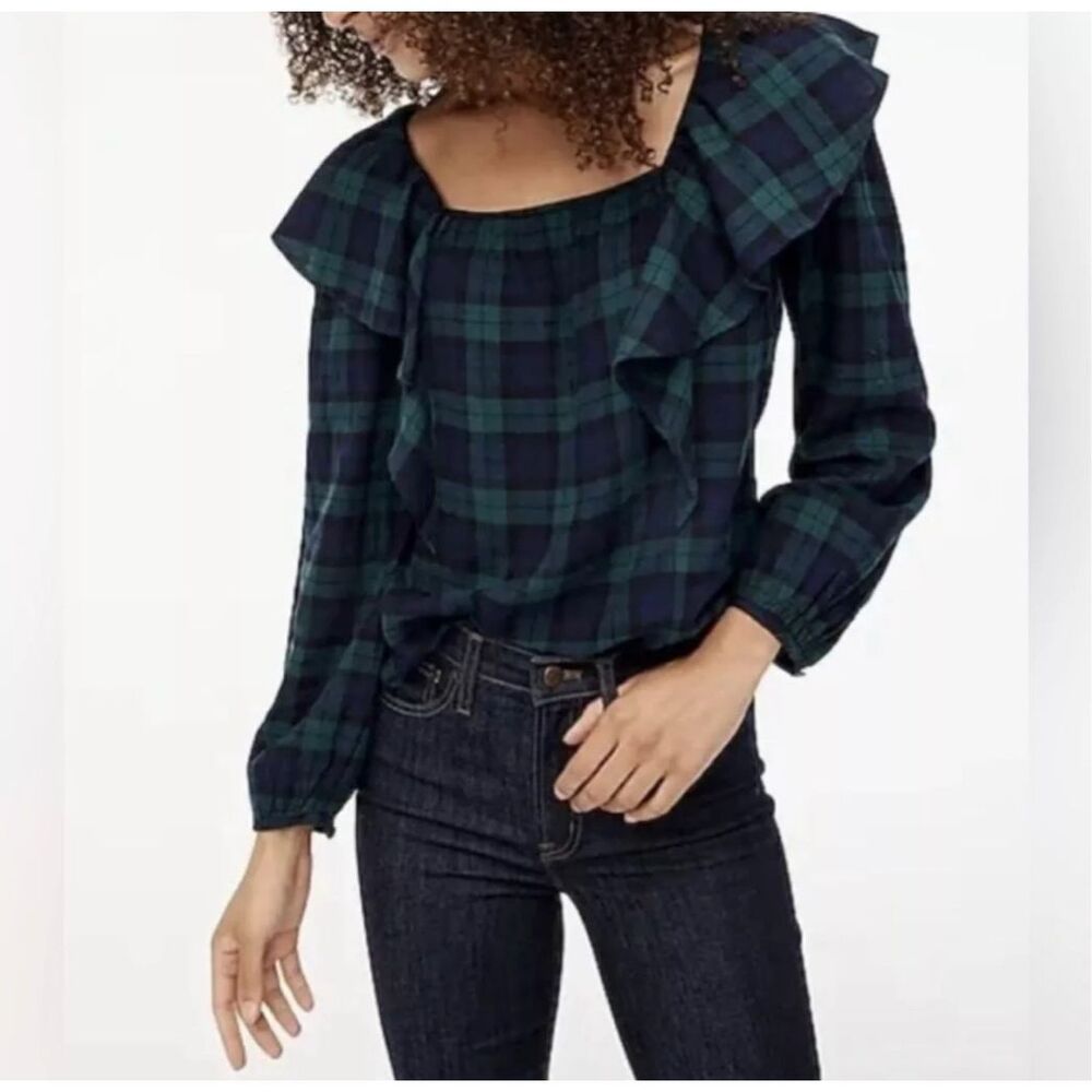 J. Crew Blackwatch‎ Blue Green Flannel Squareneck Ruffle Top Size Small NWT